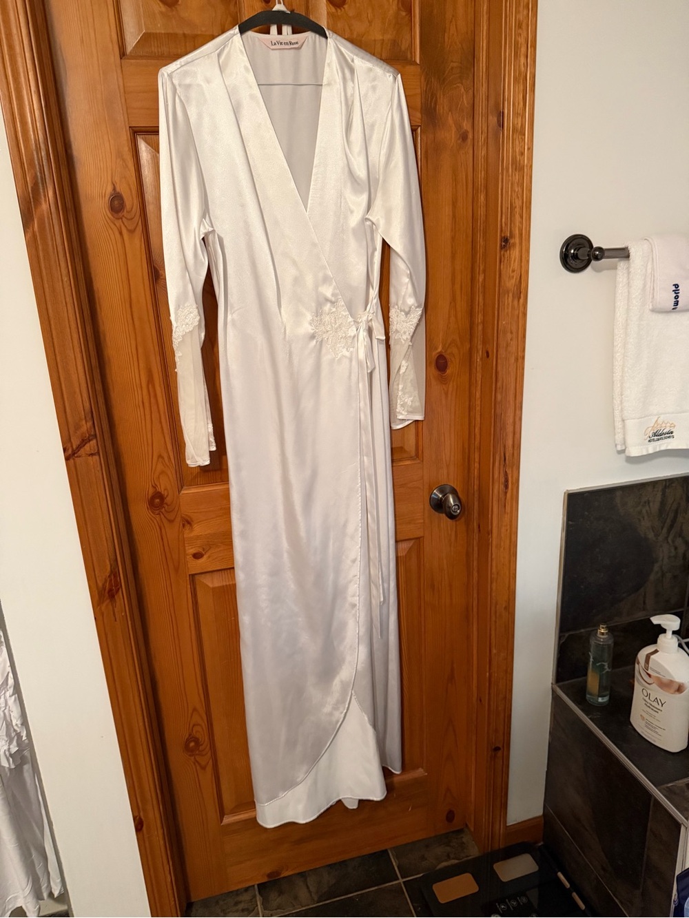 La Vie En Rose Ivory Satin Long Wrap Robe with Lace Accents